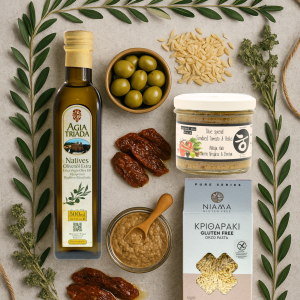 Cufărul Atenei – pachet delicatese grecești cu ulei extravirgin, măsline umplute, pastă de măsline, roșii uscate și paste orzo fără gluten.