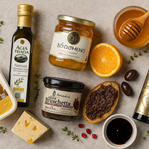 Pachet Ecoul Greciei – ulei extravirgin, miere de portocale, halva, bruschetta Kalamata și cremă balsamică