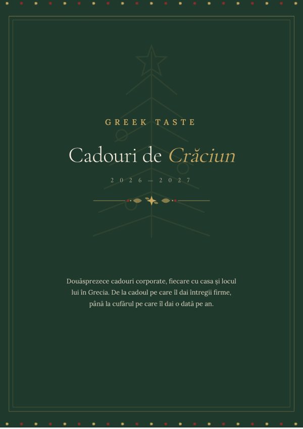 Coperta catalogului de Crăciun Greek Taste 2026-2027 cu cadouri corporate grecești